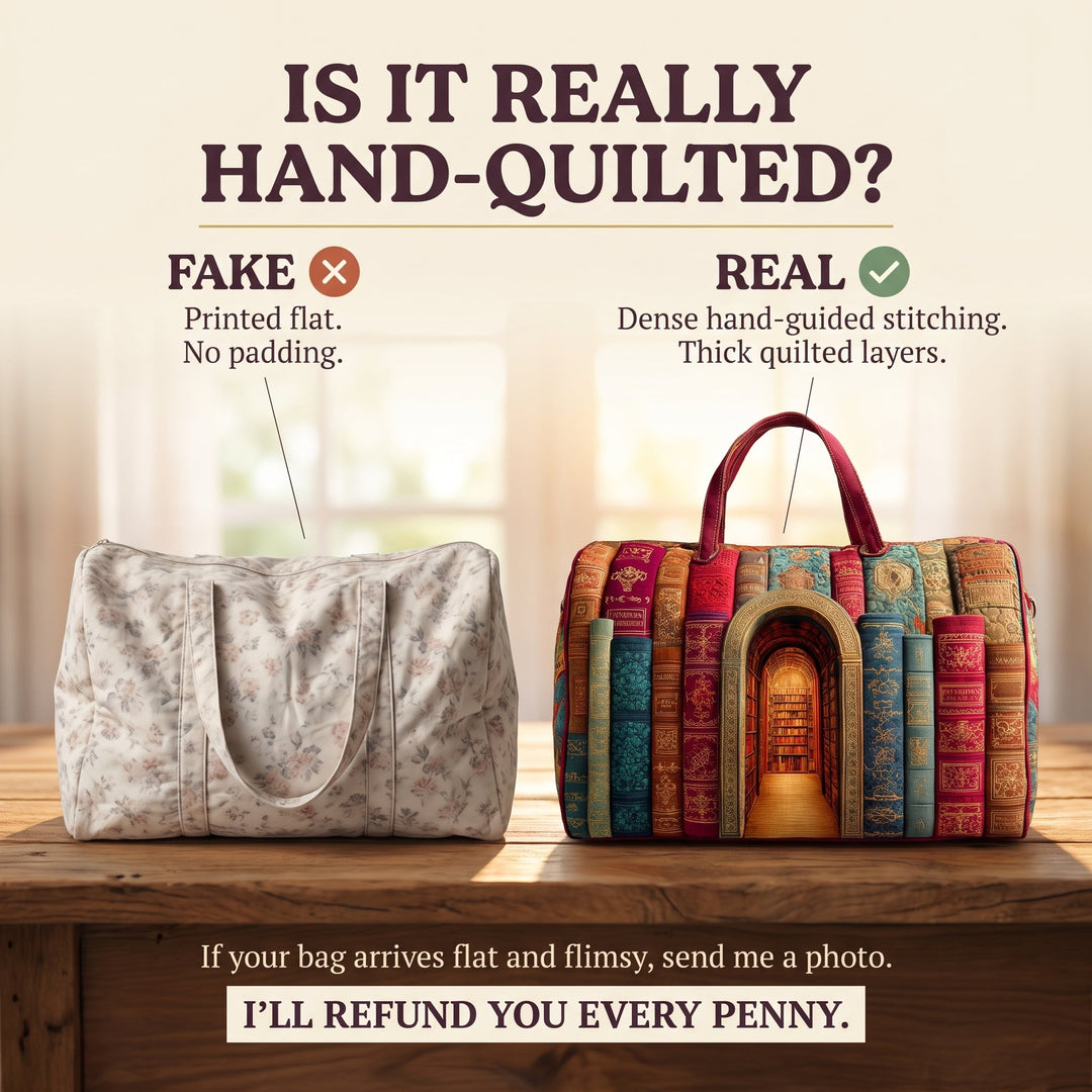 Hidden Library Quilted Duffle Bag — hand-quilted authenticity check