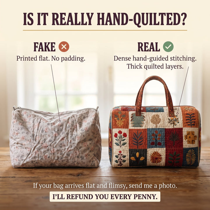 Petal Serenade Quilted Duffle Bag — hand-quilted authenticity check