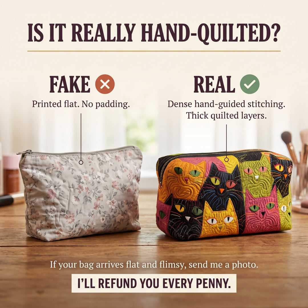 Cat Garden Quilted Makeup Bag — hand-quilted authenticity check