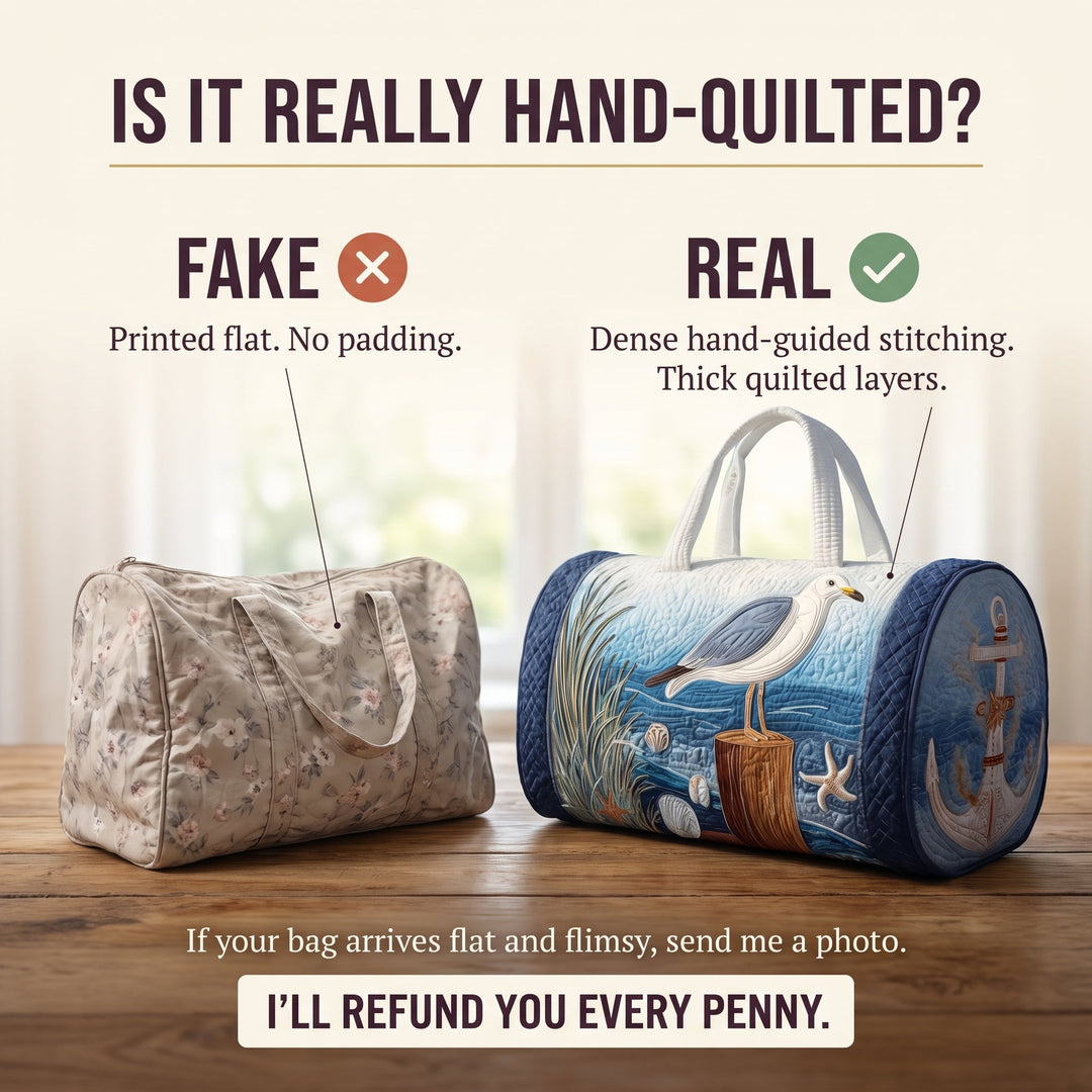 Coastal Gull Quilted Duffle Bag — hand-quilted authenticity check