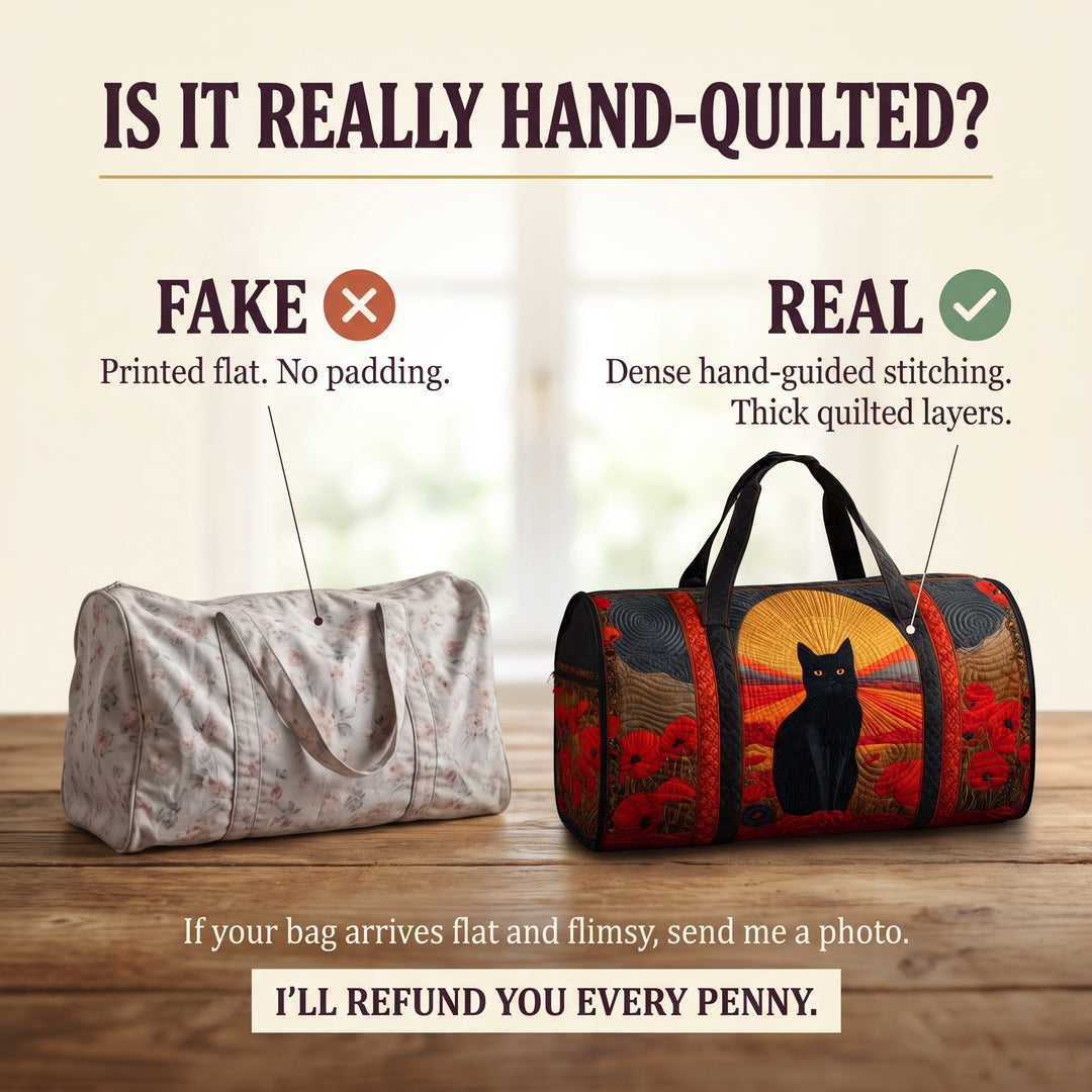 Sunset Cat Quilted Duffle Bag — hand-quilted authenticity check