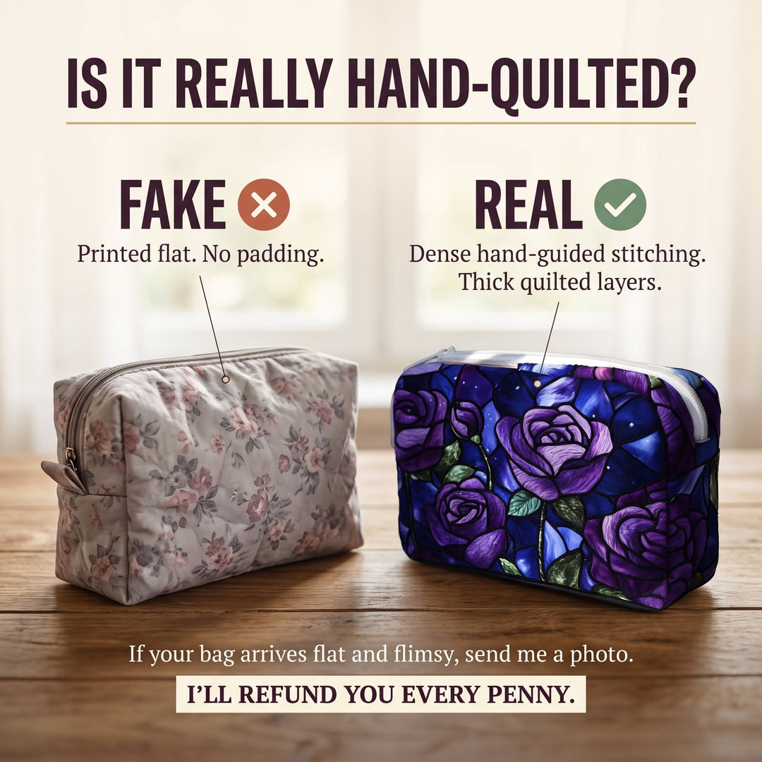 Midnight Rose Quilted Makeup Bag — hand-quilted authenticity check