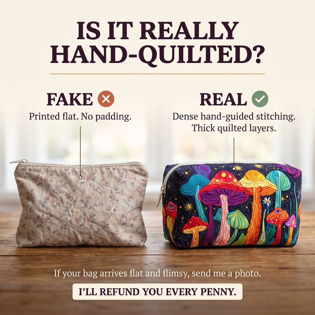 Groovy Shroom Quilted Makeup Bag — hand-quilted authenticity check