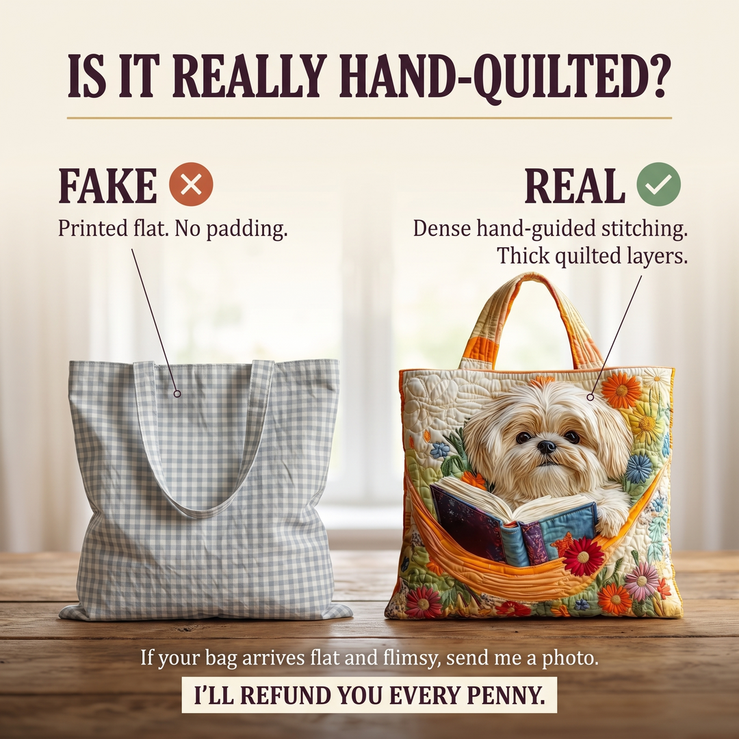 Artisanal Bag - Shih Tzu with Books and Flowers — hand-quilted authenticity check