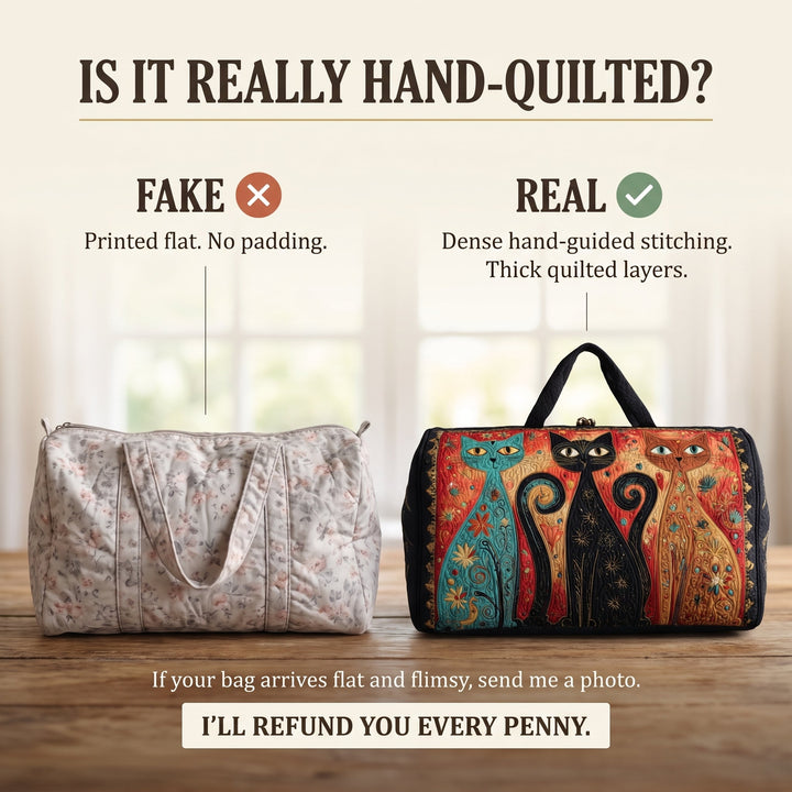 Enchanted Cats Trio Quilted Duffle Bag — hand-quilted authenticity check