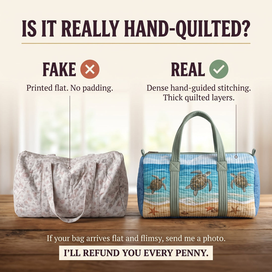 Turtly Cute Quilted Duffle Bag — hand-quilted authenticity check