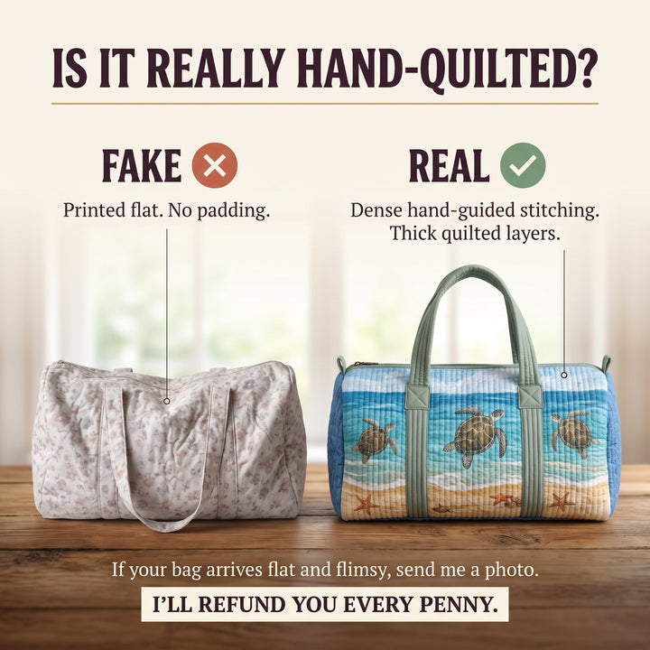 Turtly Cute Quilted Duffle Bag — hand-quilted authenticity check