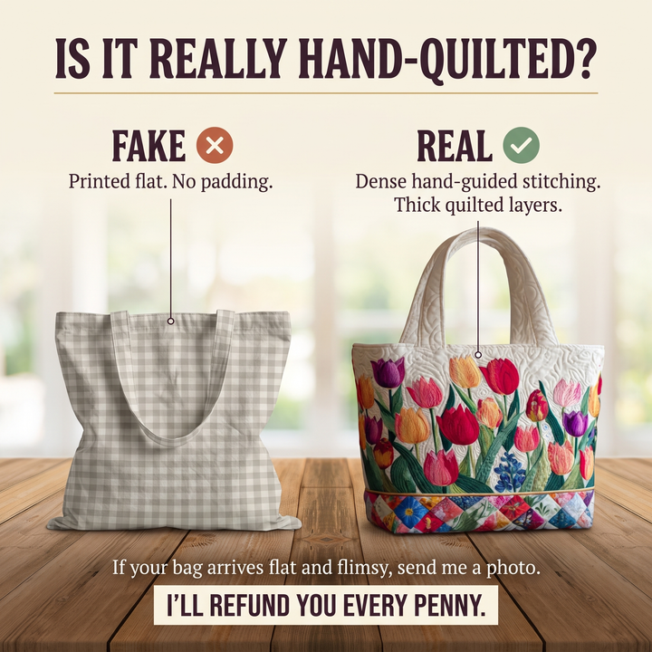 Quilted Tote Bag - Tulip Garden — hand-quilted authenticity check
