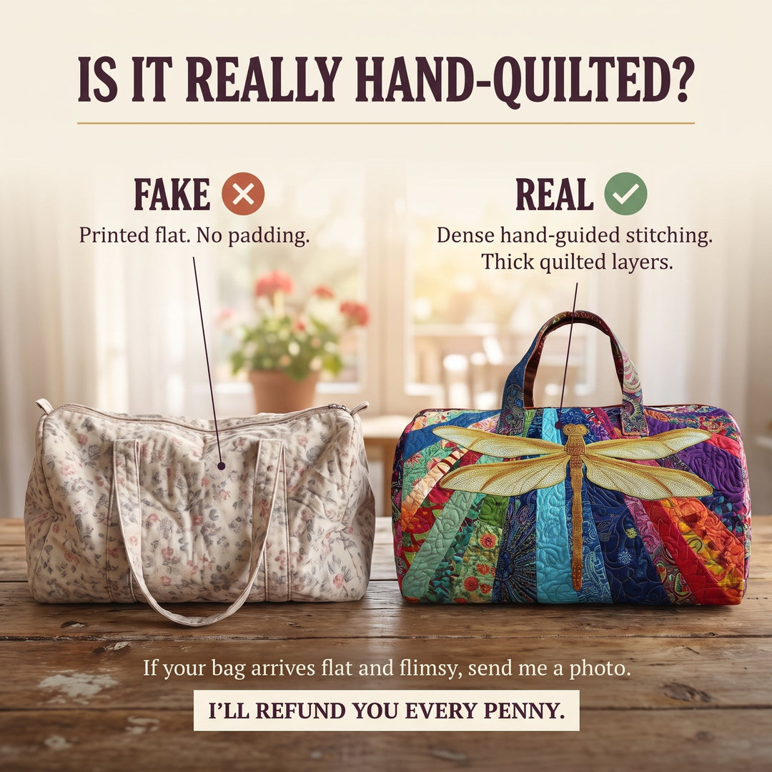 Airborne Bloom Quilted Duffle Bag — hand-quilted authenticity check