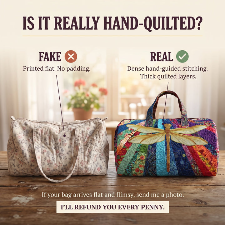 Airborne Bloom Quilted Duffle Bag — hand-quilted authenticity check