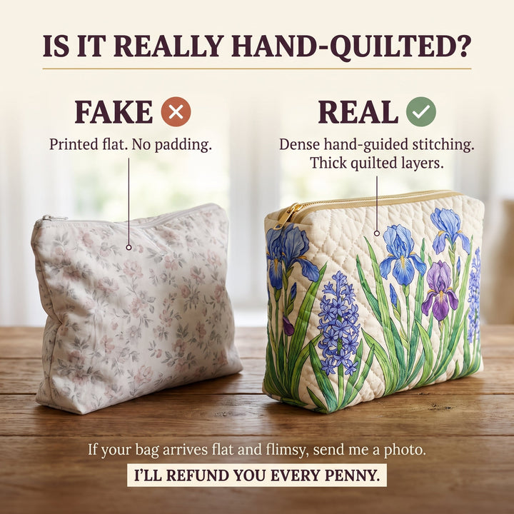 Bloom of Light Quilted Makeup Bag — hand-quilted authenticity check