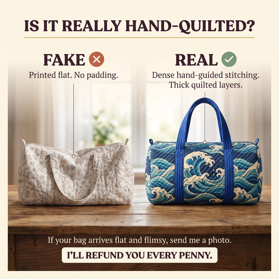 Rising Wave Quilted Duffle Bag — hand-quilted authenticity check