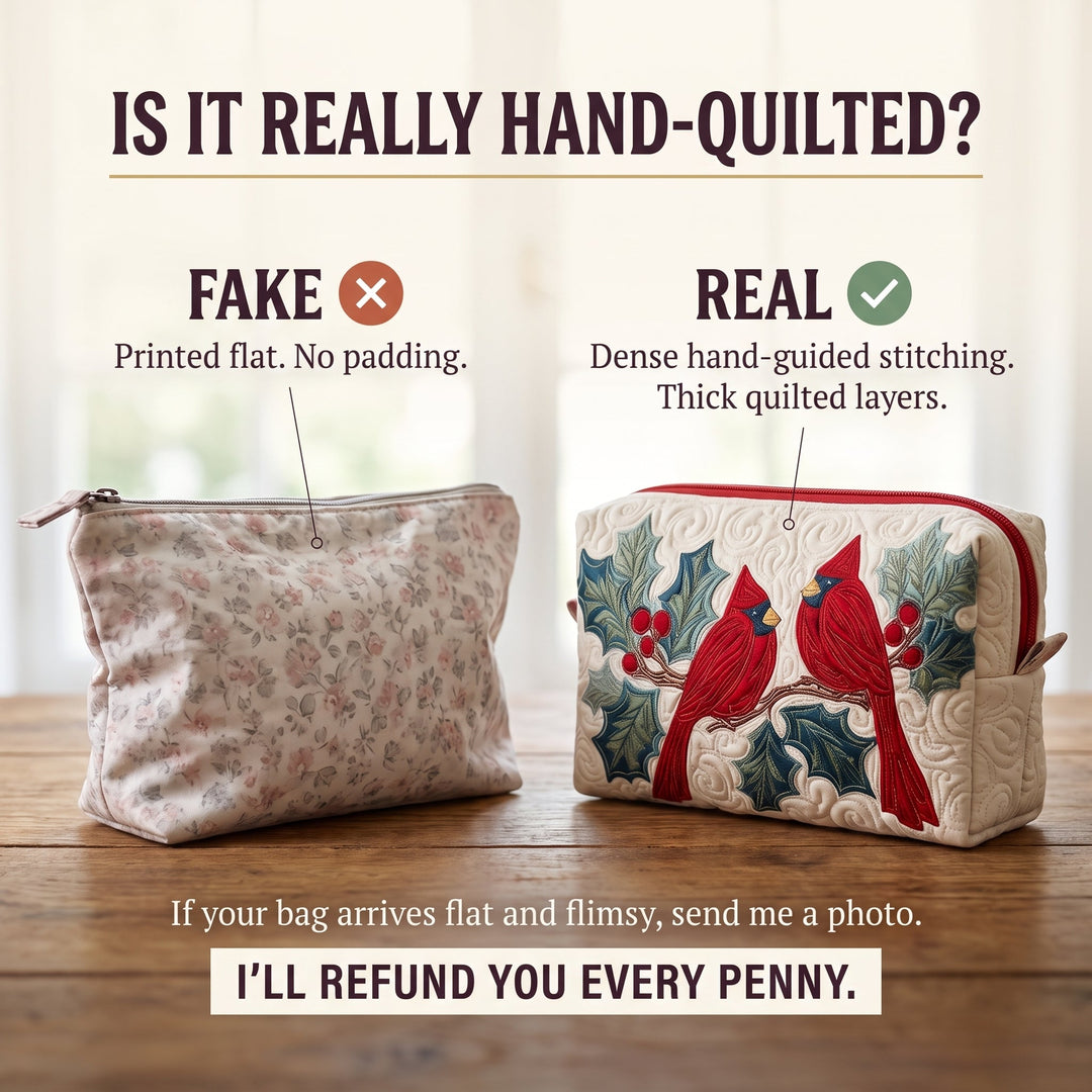 Red Feather Quilted Makeup Bag — hand-quilted authenticity check