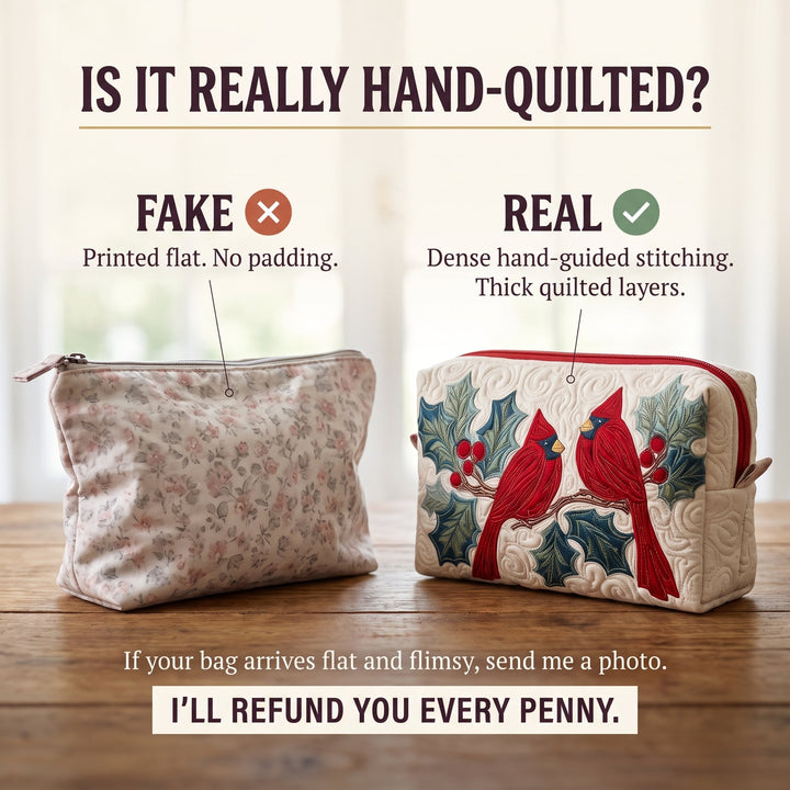 Red Feather Quilted Makeup Bag — hand-quilted authenticity check