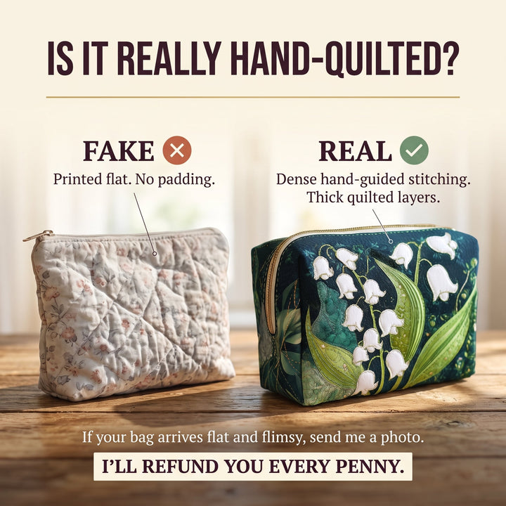 Lily Grace Quilted Makeup Bag — hand-quilted authenticity check