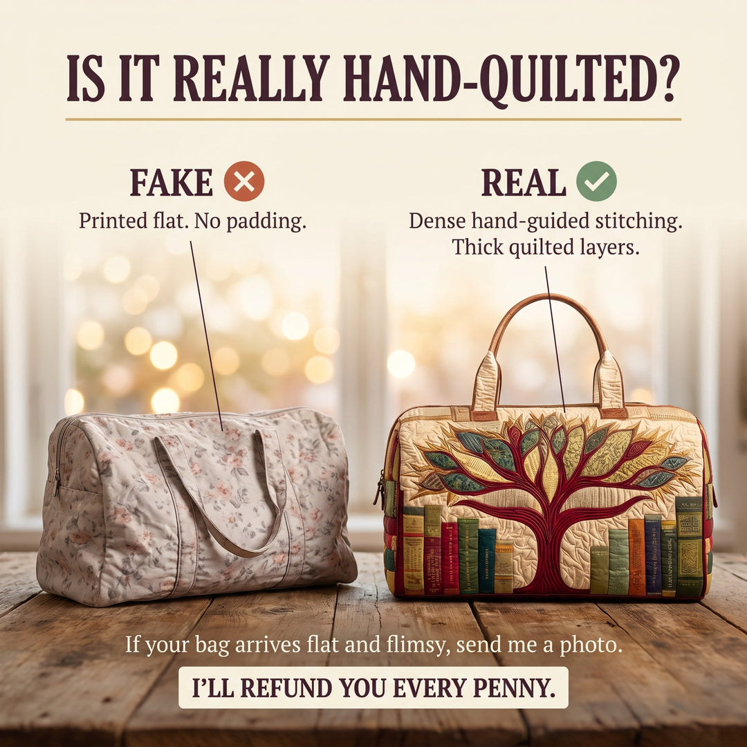 Tree of Knowledge Quilted Duffle Bag — hand-quilted authenticity check