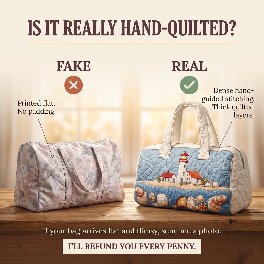 Seaside Glow Quilted Duffle Bag — hand-quilted authenticity check