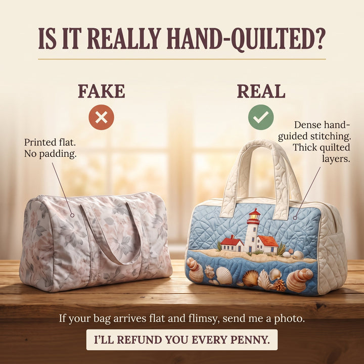 Seaside Glow Quilted Duffle Bag — hand-quilted authenticity check