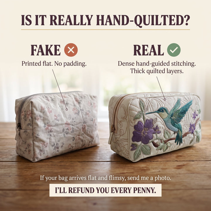 Hummingbird Bloom Quilted Makeup Bag — hand-quilted authenticity check