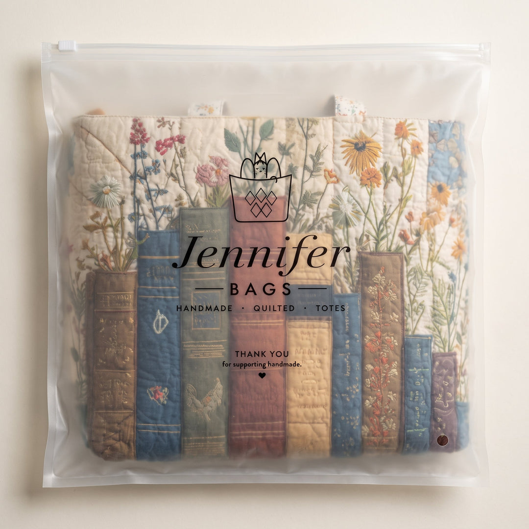 Artisan Quilted Bag - Books and Flowers — packaged in its branded Jennifer Bags pouch
