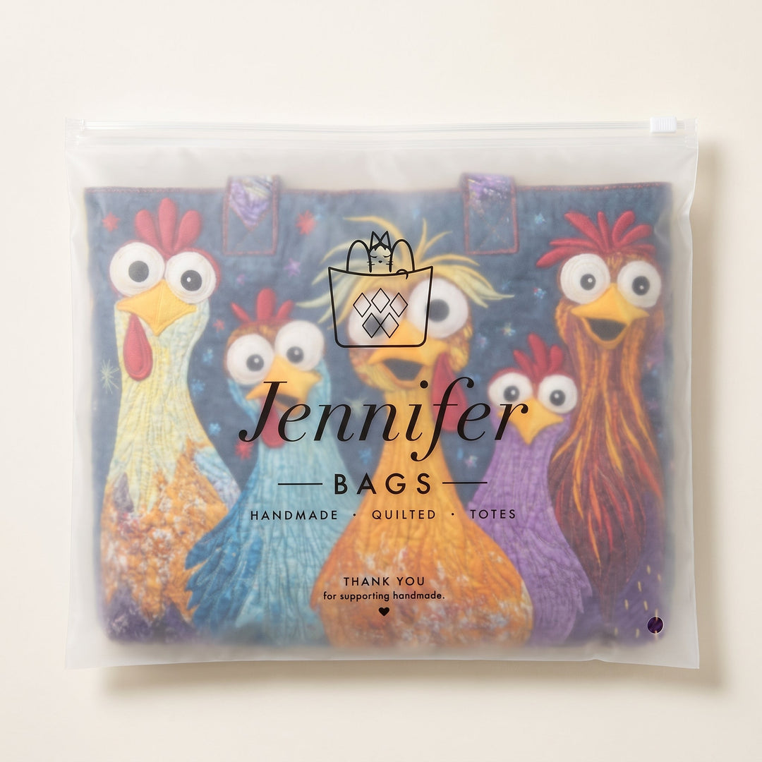 Artisan Bag - Five Colorful Chickens — packaged in its branded Jennifer Bags pouch