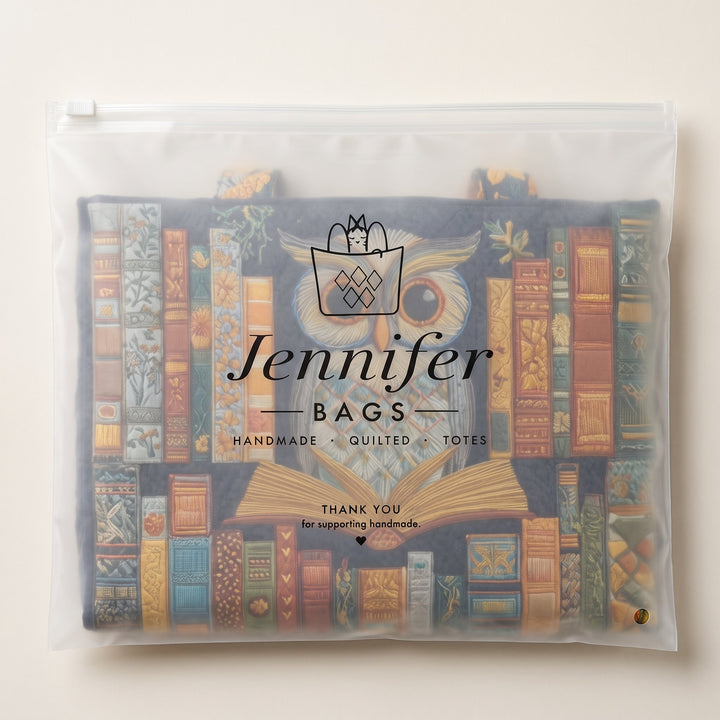 Artisan Tote - Owl and Vintage Books — packaged in its branded Jennifer Bags pouch