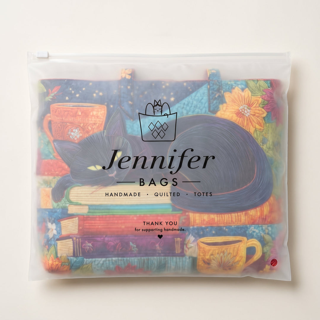 Artisan Bag - Black Cat with Books and Mugs — packaged in its branded Jennifer Bags pouch