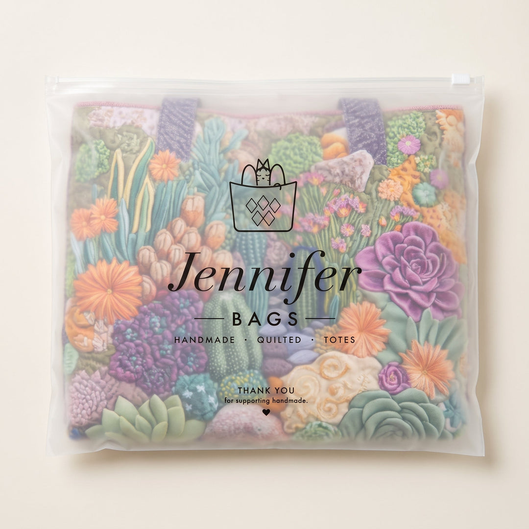 Artisanal Tote Bag - Succulent Garden — packaged in its branded Jennifer Bags pouch