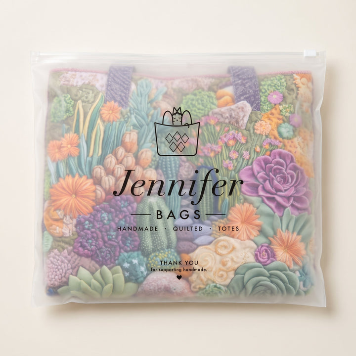 Artisanal Tote Bag - Succulent Garden — packaged in its branded Jennifer Bags pouch