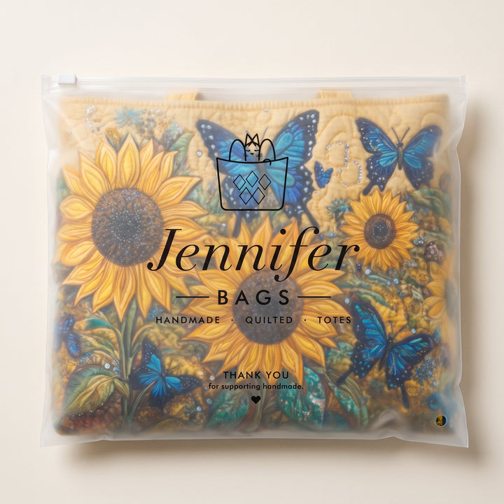 Artisan Bag - Sunflowers and Blue Butterflies — packaged in its branded Jennifer Bags pouch