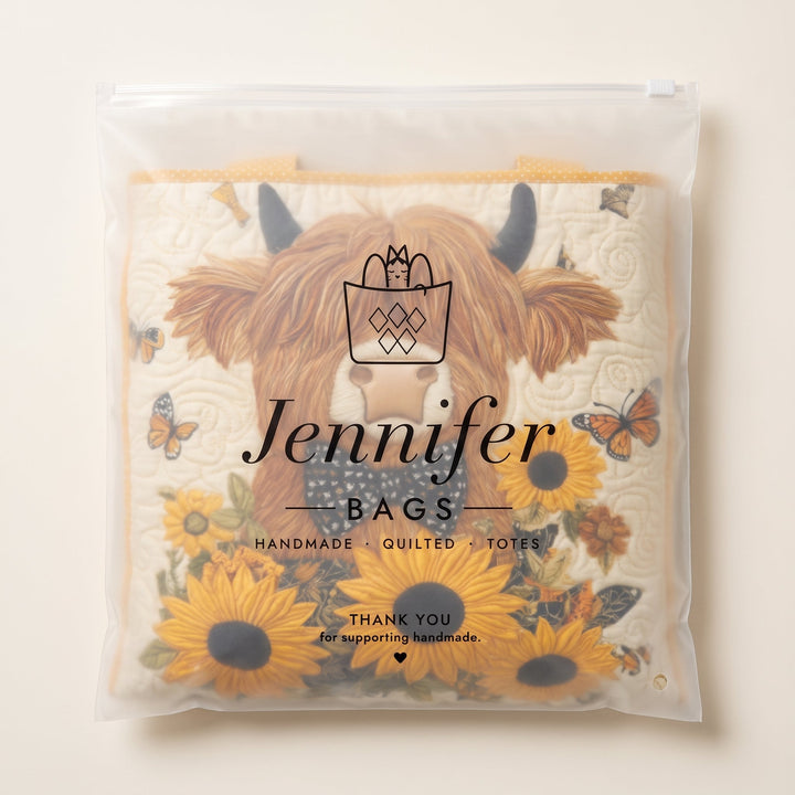 Quilted Bag - Highland Cow with Sunflowers — packaged in its branded Jennifer Bags pouch