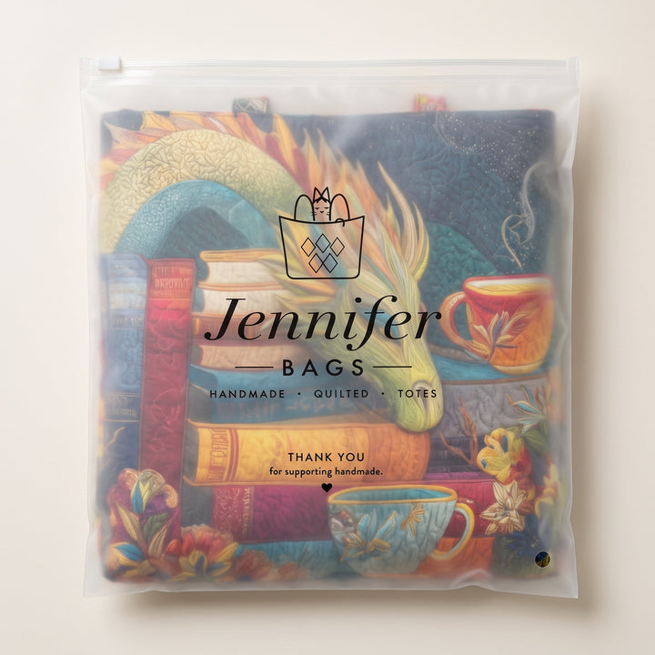 Artisan Bag - Dragon Reader with Books and Mugs — packaged in its branded Jennifer Bags pouch