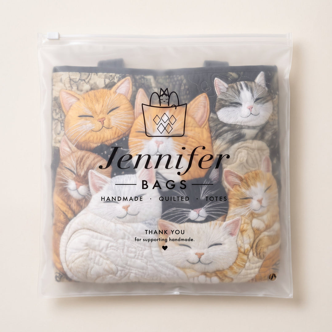 Artisanal Quilted Bag - Sleeping Kittens — packaged in its branded Jennifer Bags pouch