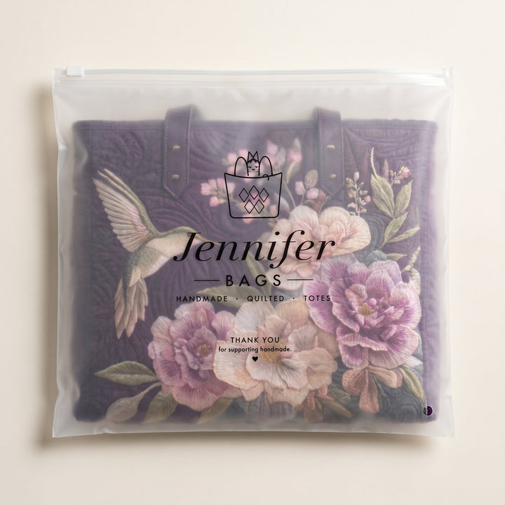 Artisanal Quilted Bag - Hummingbirds and Orchids — packaged in its branded Jennifer Bags pouch