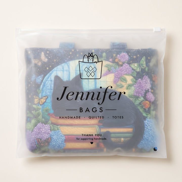 Artisanal Bag - Black Cat on Books — packaged in its branded Jennifer Bags pouch