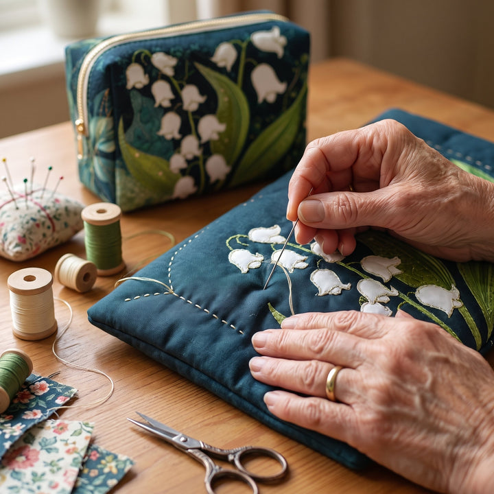 Lily Grace Quilted Makeup Bag — hand-quilting close-up