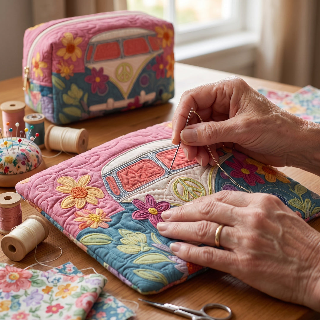 Retro Bloom Journey Quilted Makeup Bag — hand-quilting close-up