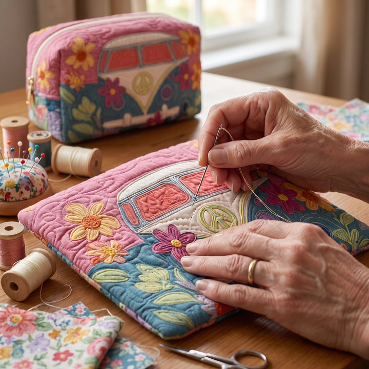 Retro Bloom Journey Quilted Makeup Bag — hand-quilting close-up