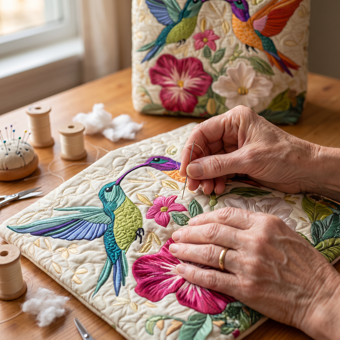 Quilted Bag - Hummingbird and White Flowers — hand-quilting close-up