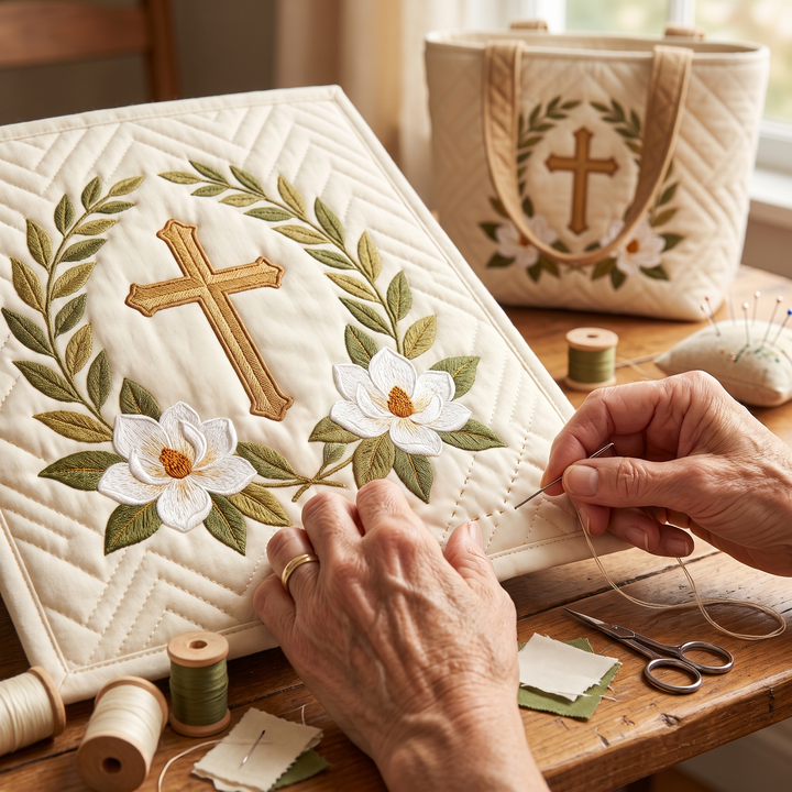 Artisanal Bag - Sacred Cross — hand-quilting close-up