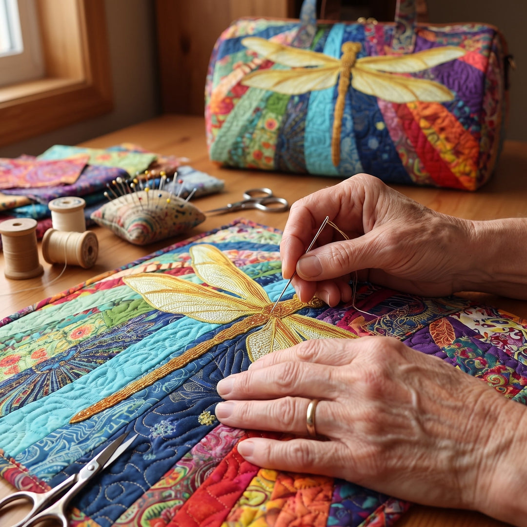 Airborne Bloom Quilted Duffle Bag — hand-quilting close-up