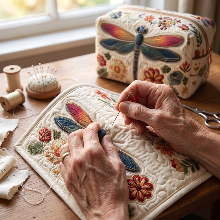 Breeze Catcher Quilted Makeup Bag — hand-quilting close-up