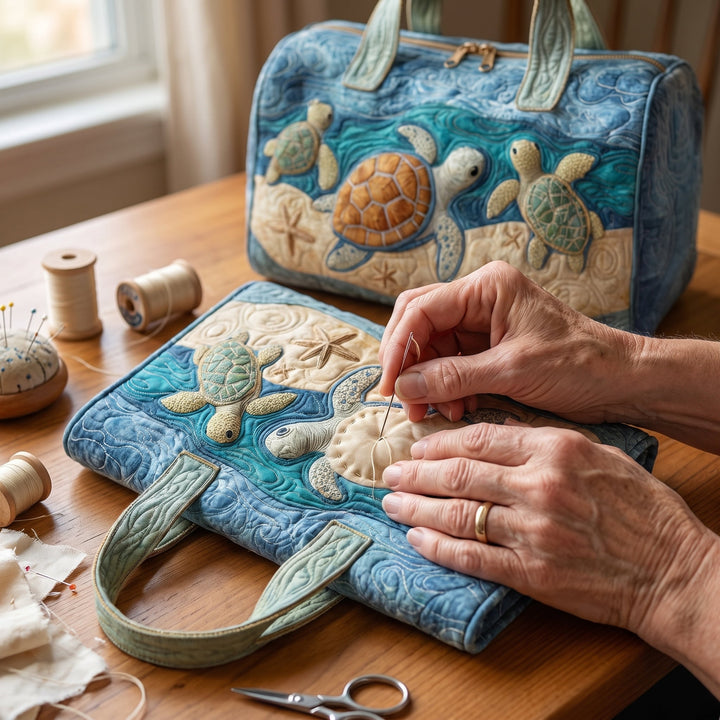 Turtly Cute Quilted Duffle Bag — hand-quilting close-up