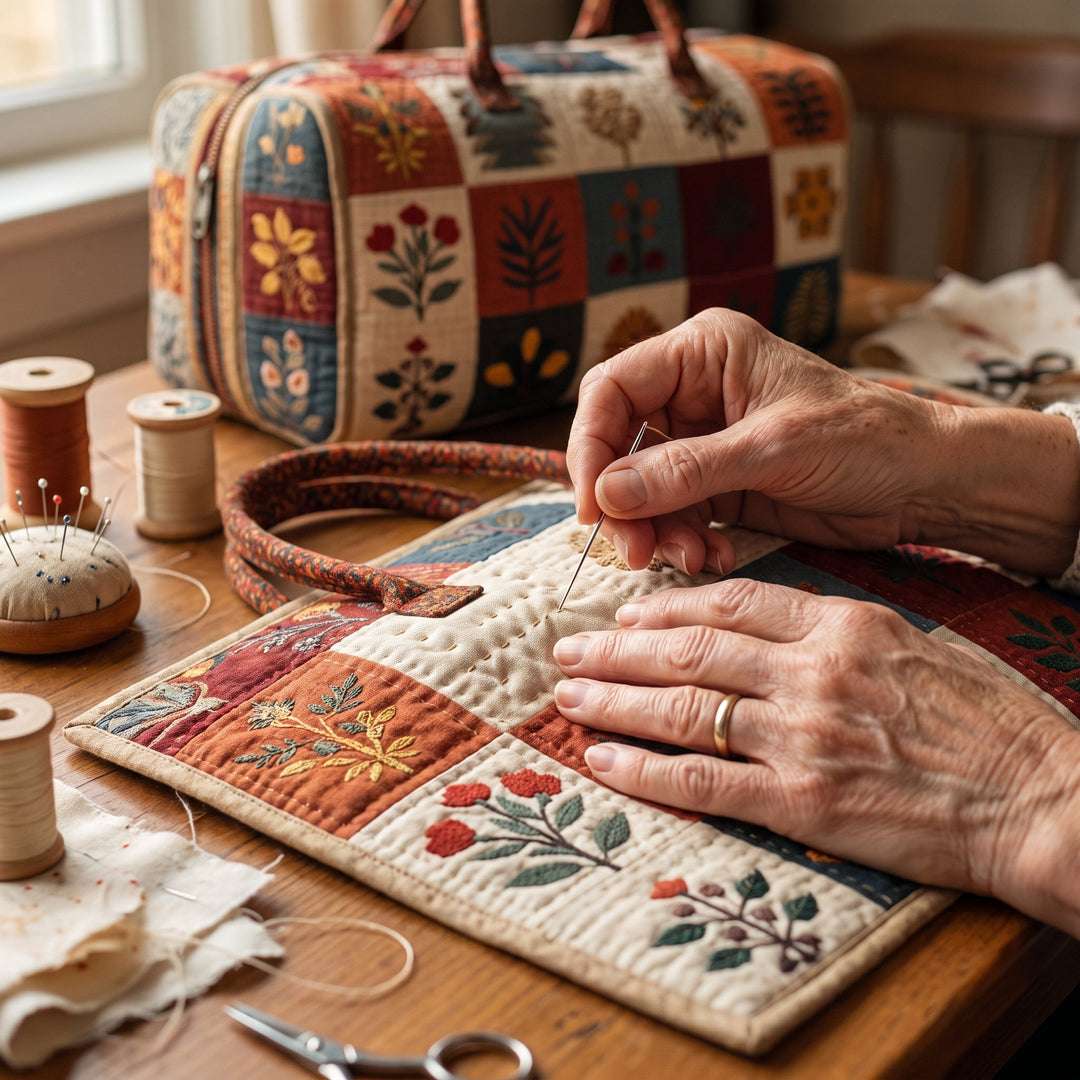 Petal Serenade Quilted Duffle Bag — hand-quilting close-up