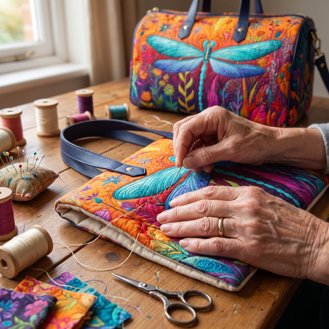 Flit and Fly Quilted Duffle Bag — hand-quilting close-up