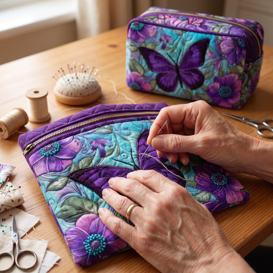 Butterfly Bloom Quilted Makeup Bag — hand-quilting close-up