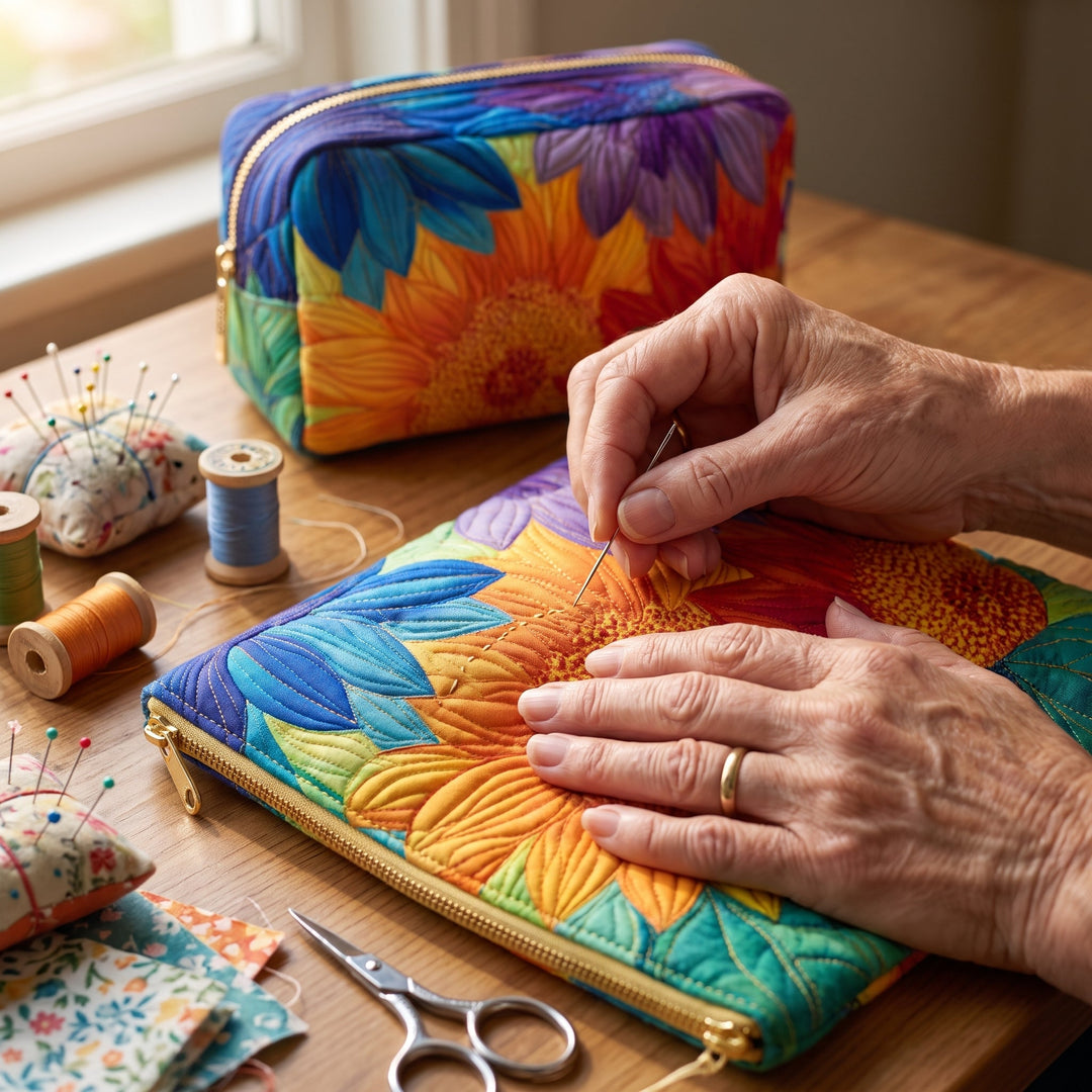 Summer Bloom Quilted Makeup Bag — hand-quilting close-up