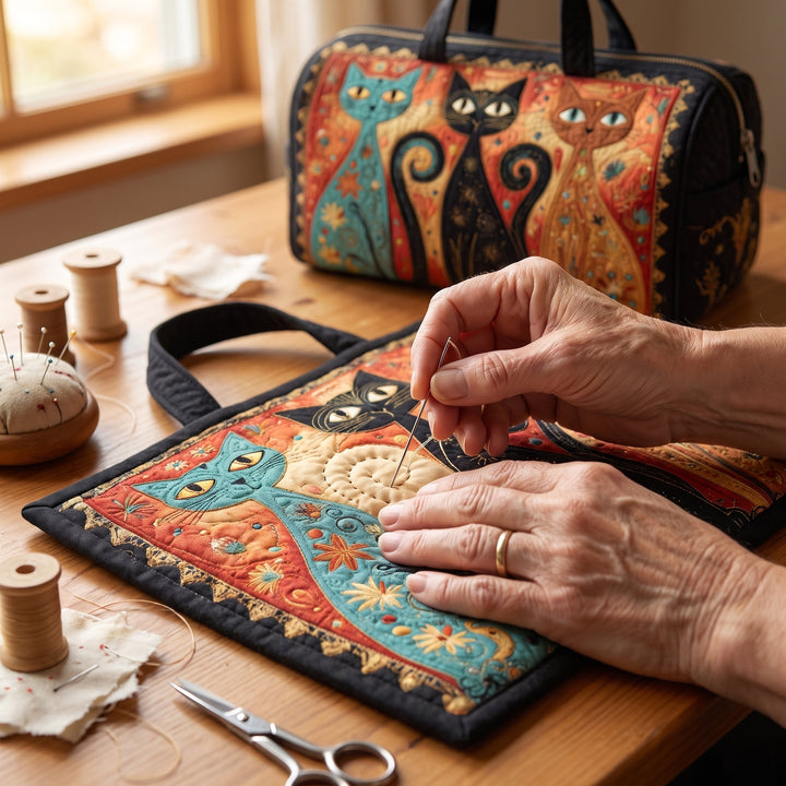 Enchanted Cats Trio Quilted Duffle Bag — hand-quilting close-up