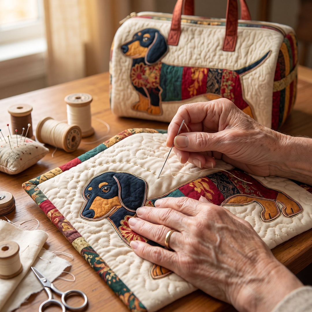 Patch Pup Quilted Duffle Bag — hand-quilting close-up