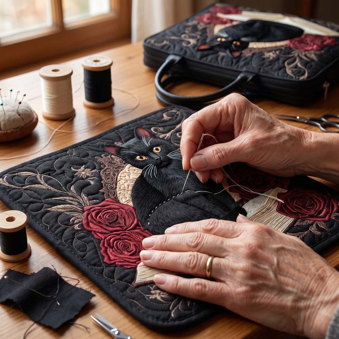 Quilted Artisan Bag - Black Cat on Books — hand-quilting close-up